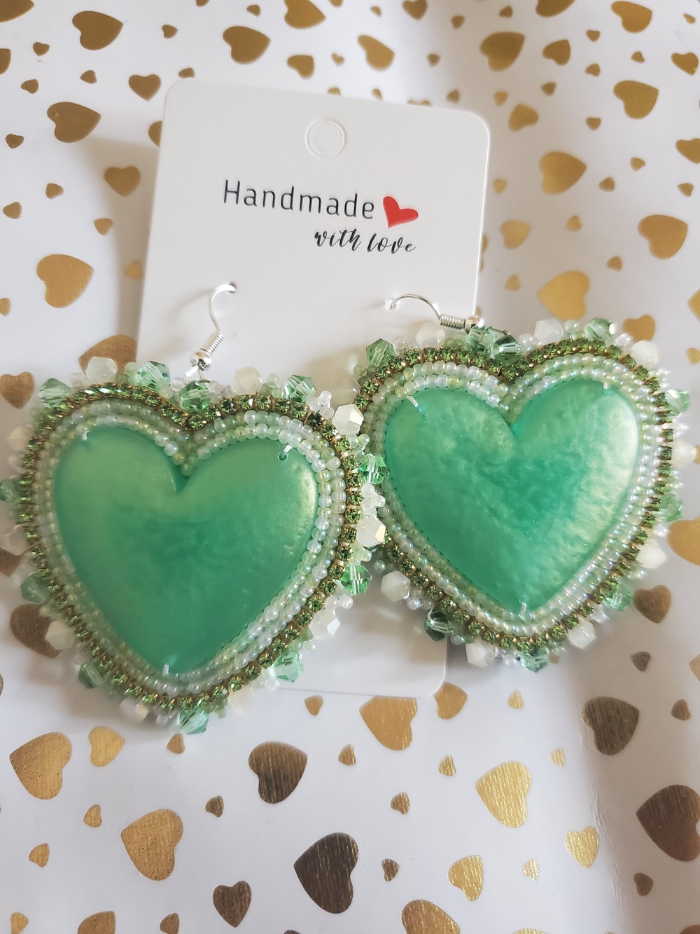 Handmade Green Heart And Green Snake Dangle Earrings Beaded Earrings